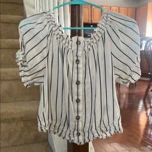 H&M Black and White Puff Sleeve Smocked Blouse
